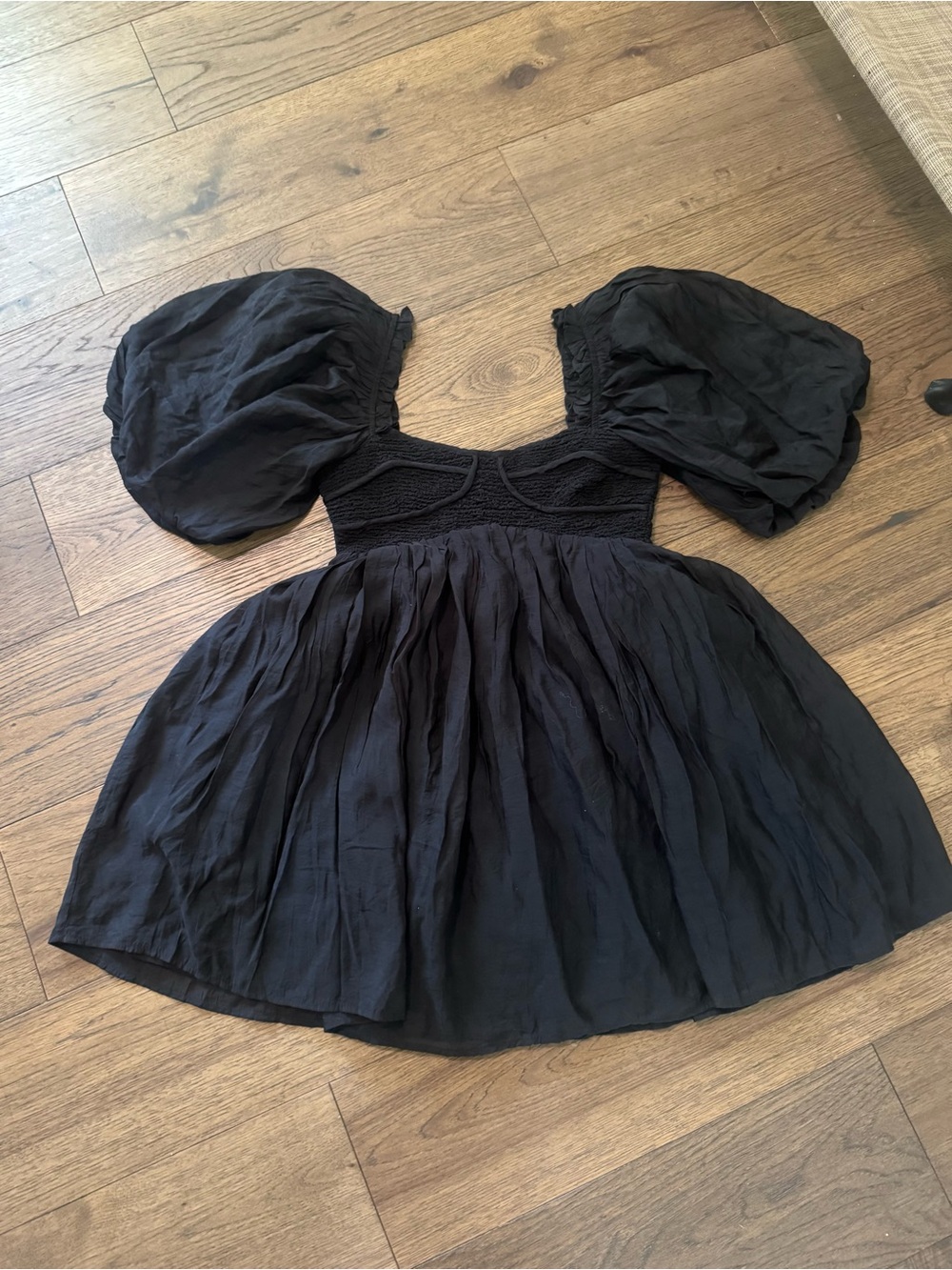 Black Puff-Sleeve Mini Dress with Smocked Bodice